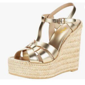 FSJ Gold Open Toe Espadrille Platform Ankle Strap Wedge Woven Cutout Sandals